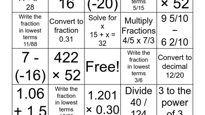 Math Bingo Grid