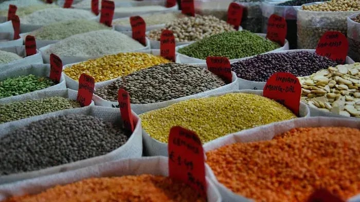 Lentils in bags at a shop