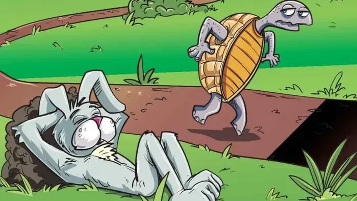 image of rabbit sleeping and the tortoise covering distance