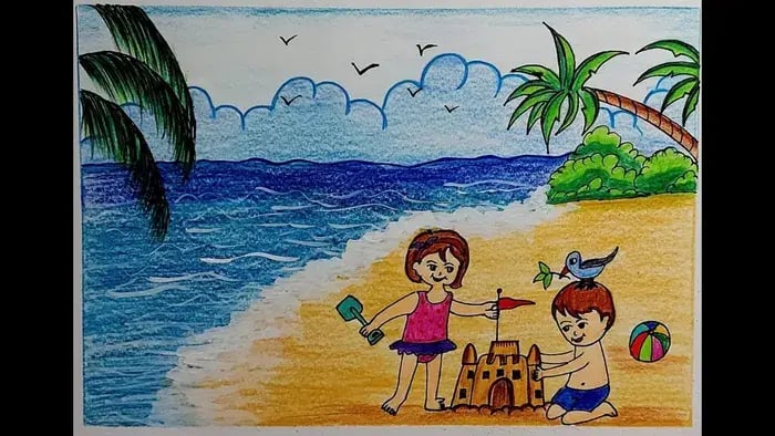 Summer Drawing Ideas for Kids: Step-by-Step Guide - Kids sitting on a Beach