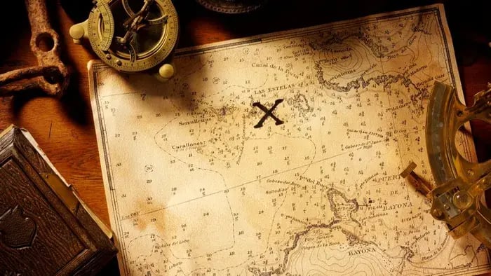 Treasure hunt map with other equipment