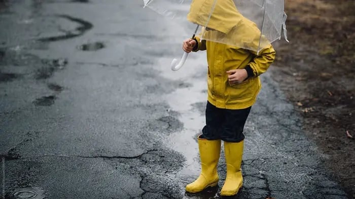 Child In A Waterproof Jacket Enjoying Rain